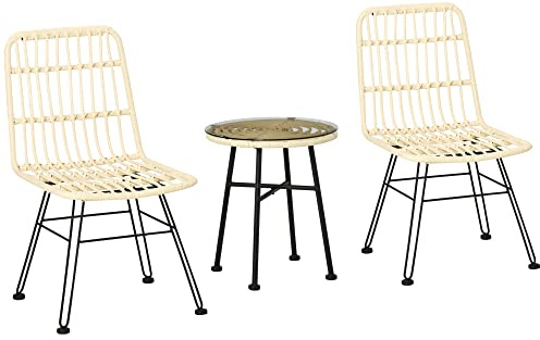 Outsunny - Juego de 3 piezas de mesa baja redonda de vidrio templado + 2 sillas, 2 cojines con cremallera desenfundables poliéster, resina trenzada PE, metal galvanizado, diámetro 45 x 50 cm, crema