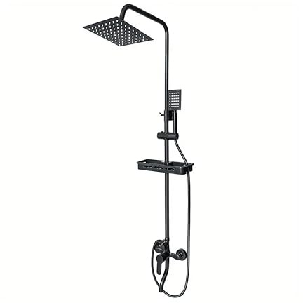 Luxus Duschsystem, Edelstahl Regendusche Set in Mattschwarz, 3-Wege-Duscharmatur mit 200x200mm Kopfbrause und Handbrause, Duschablage