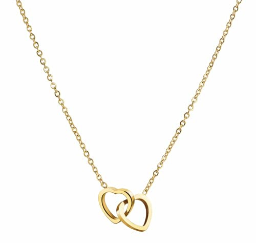 Kritz Collier Femme Deux Coeurs Entrelacés Acier Inoxydable 316L, Pendentif Cœur Plaqué Or Argent ou Or Rose, Chaîne Réglable, Cadeau Femmes Fille Adolescente (Or)