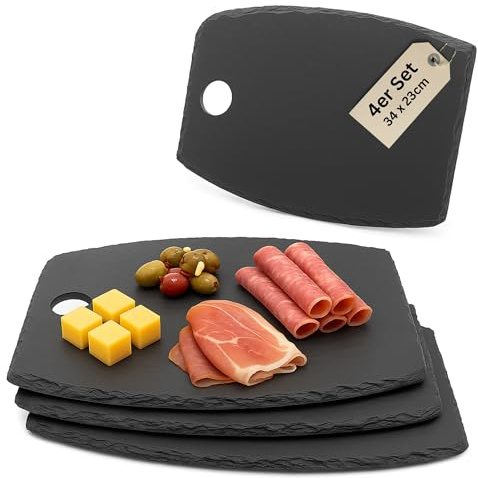 Schieferplatten eckig 34x23 cm Set aus 4 Servierplatten aus Schiefer für Käseplatte Tapasplatte Deko & HLKauf-Block