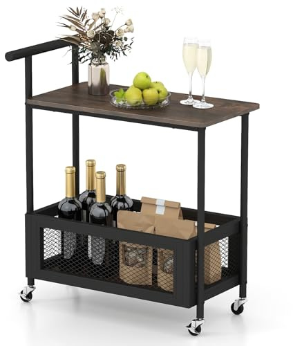 COSTWAY Beistelltisch mit Rollen, Couchtisch mit Griff, Wohnzimmertisch mit offener Ablagefläche & Drahtkorb, Servierwagen für Wohnzimmer, Küche & Schlafzimmer, Rustikal Braun