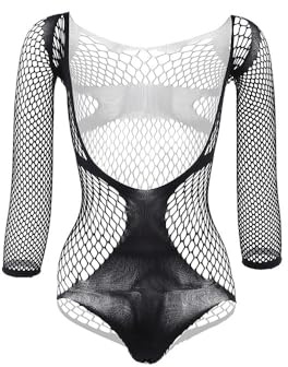 Bommi Fairy Herren Sexy Cutout Stretch Bodysuit Clubwear Tops Shapewear Lange Ärmel Fishnet Bodysuit Sexy Hollow-Out Lingerie Nightwear (Schwarz)
