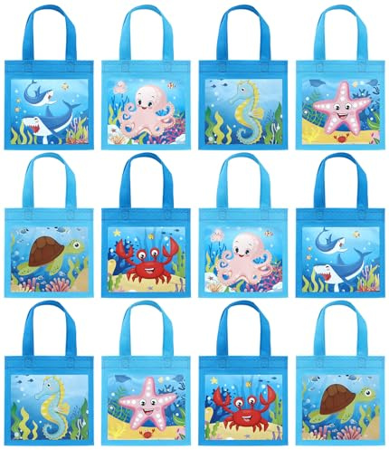 12 PCS Unterwasserwelt Geschenktüten Kindergeburtstag Meerestiere Party Mitgebsel Ocean Non Woven Taschen mit Henkel Geburtstag Geschenk Tüten Kinder Party Partytütenfüller (6 Tierdruck, 20cm*20cm）