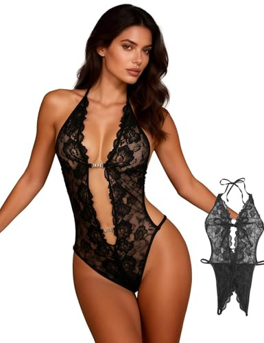 sunshinelady Lingerie for Women Lace Bodysuit Deep V Neck Sheer Mesh Teddy Nightie with Backless Sleepwear UK XS-2XL