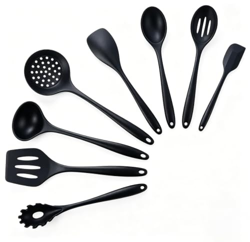 Romon Utensilios De Cocina De Silicona, Set Utensilios De Cocina 8 Piezas En Color Negro, Accesorios Resistentes Al Calor, Antiadherentes, Lavable En Lavavajillas Para Cocina Y Repostería Diaria