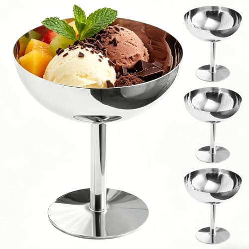 XUTUUDID 4 Stück Eisbecher, Ø10cm 200ml Eisbecher Edelstahl, Dessertschalen mit Fuß, Cocktail Gläser, Dessertgläser für Eiscreme, Joghurt, Obstsalat & Pudding, für Hochzeiten, Partys
