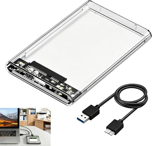 Carcasa disco duro 2.5 USB 3.0, Caja externa para HDD SSD SATA I II III, Caja Externa Transparente para Disco de 7 mm y 9,5 mm, hasta 4 TB, con UASP TRIM Cable USB e Instalación sin Herramientas