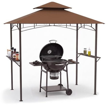 KOMFOTTEU Abri Barbecu, Panier, Crochets, 2 Étagères, 240x151x255cm, Marron | Tonnelle Jardin Exterieur Grill, 2 Étagères latérales, 7 Crochets, Tonnelle BBQ pour Camping, Pique-niques, Fête, Beige