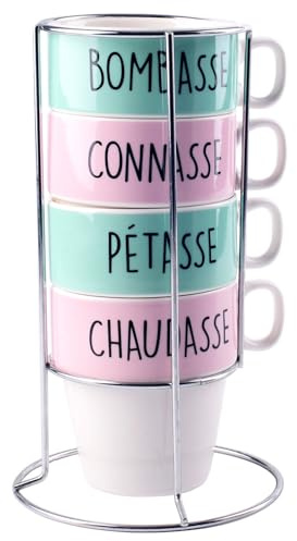 Les Vilaines Filles LA Chaise Longue - 4 Tasses à Café Bombasse avec Support - Céramique New Bone China - Art de la Table - Empilables - Dimensions 12 x 23.4 x 11 cm - 1060 g - Vert et Rose