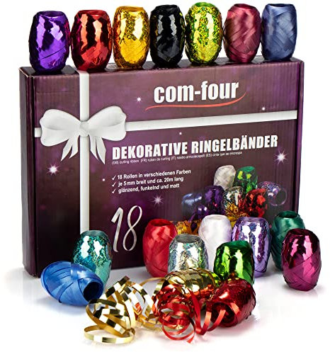 com-four® 18x Ringelband in bunten Farben - 20 m je Rolle - Set Geschenkbänder in Geschenkverpackung - zum Basteln und Verpacken - funkelndes Polyband für Schleifen und saisonale Deko (Festlich)