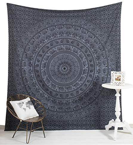 Popular Handicrafts Wandteppich für das Schlafzimmer, Hippie-Mandala, Boho-Wandteppich, Blumenmuster, indische Wandteppiche mit magischen Motiven, Studentenwohnheim-Deko , 215 x 230 cm, Grau