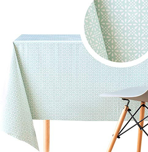 Abwischbare Wachstuch Türkis Entenei Farbe im Vintage Weiß Blumendruck - PVC Wachstuchtischdecke Wasserabweisend, Rechteckige 250 x 140 cm Wachstischdeck Minze Tischdecke Landhausstil - Pflegeleicht