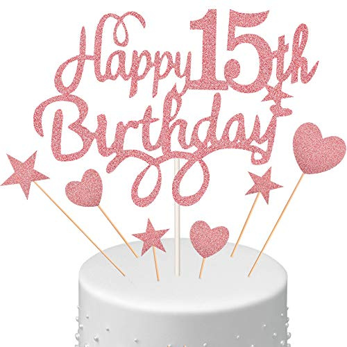 15. Geburtstagstorte Topper Set Happy 15th Birthday Kuchen Topper mit Herz Stern Cupcake Kuchen Topper Picks Glitzer Kuchen Dekoration für Geburtstag Party Kuchenzubehör, Roségold