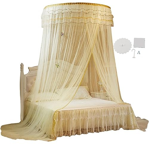 Shipenophy Atmungsaktive Faltbare Bettvorhang Runde Baldachin Bett Vorhang Spitze Prinzessin Stil Betthimmel Moskitonetz Luxuriöse für Mädchen Schlafzimmer Dekoration(Beige)