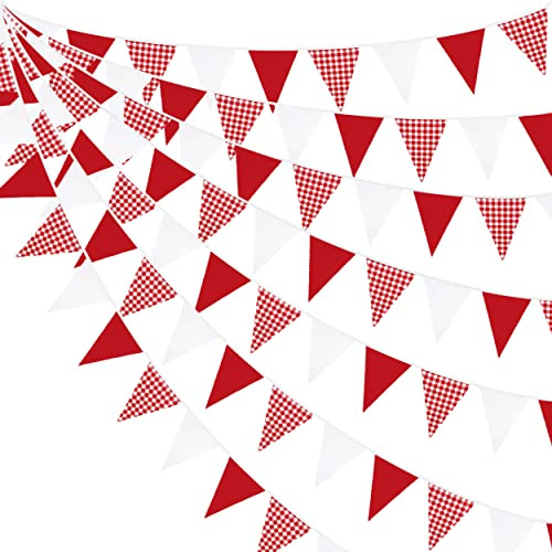 10M / 32Ft Rouge Blanc Plaid Décorations De Fête Fanion Guirlande À Rouge Carreaux Banderoles Vichy Drapeau Tissu Triangle pour Noël Mariage Anniversaire Pique-Nique Fête Festivals Décor
