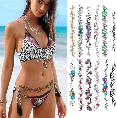 Sexy Flower Navel Tattoos 12 Sheets Long Belly Abdomen Waist Back Waterproof Temporary Tattoos Fake Body Art Stickers for Women