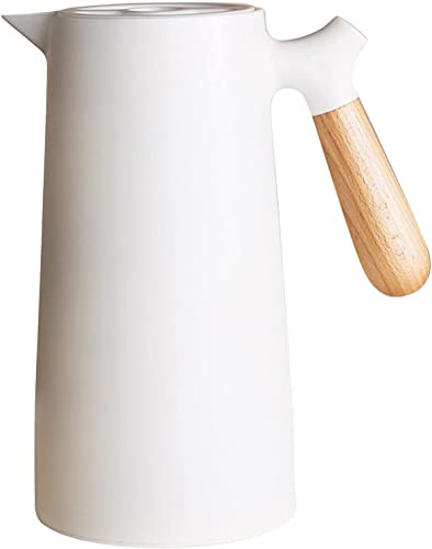 Webao Jarra Térmica de 1 L, Termo con Mango de Madera, Quick Tip, Interior de Cristal, Jarra al Vacío de Doble Pared para café, té y agua, Blanco