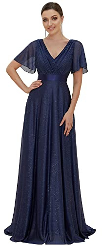 Ever-Pretty Abito da Sera Maniche Corte con Volantes Scollo a V Stile Impero Linea ad A Lunghezza del Piano da Donna Blu Navy 46EU