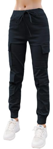 Nuofengkudu Petite Pantalones Cargo Mujer Elasticos Harem Pantalon con Bolsillos Stretch Cintura Tobillo Pantalón Chica Joven Punk Deportivo Jogging Jogger Pants Hip Hop Moda Casual Negro M