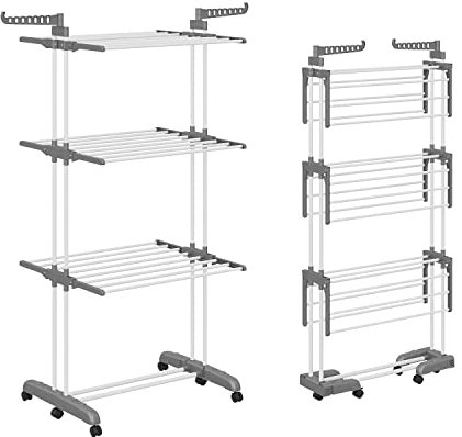 Shrivee 3 Etagen WäScheständer Turm Klappbarer mit 2 Drehbare Flügeln Hoch 178cm Klappbare Füsse Platzsparend Clothes Drying Rack mit Rädern für Wohnung, Balkon & Garten (Grau)