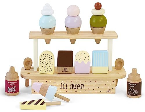 Little Log Eisständer aus Holz Eistheke Eiscreme-Set Holzspielzeug-Lebensmittel Kinderküche Kaufmannsladen Zubehör Kinder Rollenspiel-Geschenke für Jungen Mädchen ab 3 Jahren