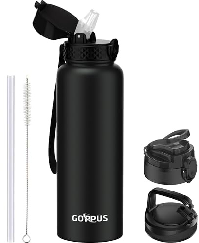 Goppus Bouteille d'eau en Acier Inoxydable avec Paille 1,2L/40oz à Double Paroi Bouteilles d'eau Isolées Étanchéité Bouteille d'eau à Couvercle Rabattable pour Adulte avec 3 Couvercles