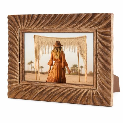 indoStrides Hand Carved Mango Wood 5x7 Picture Frame with Real Glass – Brown Ridged Pattern Vintage Wood Frame for Tabletop or Wall Mount Use – Rustic Home Decor for Home & Memories
