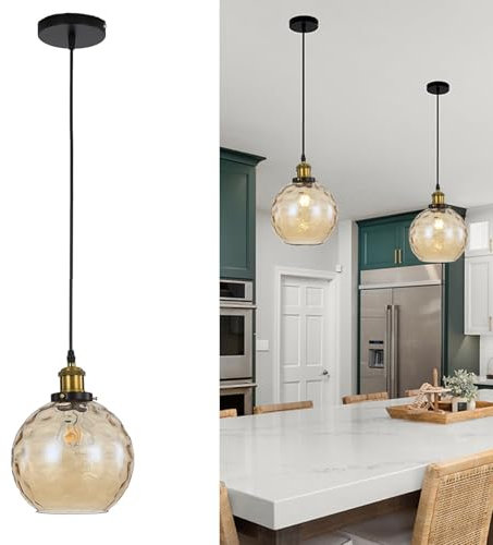 HJXDtech 20cm Lámpara Colgante de Araña de Vidrio Ondulado Esférico Industrial Vintage, Luz Colgante de Techo E27 Loft Bar Colorida con Retro Acabado Bronce (Ámbar)