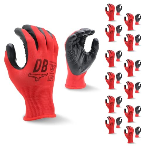 Durabull Work Gloves - 12 Pairs. Protective Safety Gloves For Working & General Use. Nitrile Coated With Secure Fit & Anti-Slip Grip. Heavy Duty, Oil Resistant Gloves - (NR1390, Size 9, Red).