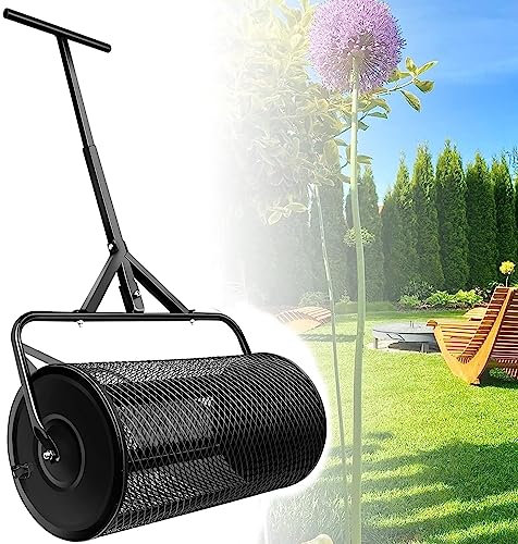 Kompost- und Torfmoosstreuer – Streuwalze – Verbesserter, Robuster Rasen- und Gartenstreuer aus Metallgeflecht für Topdressing und Übersämling,Black-15.7 * 24in