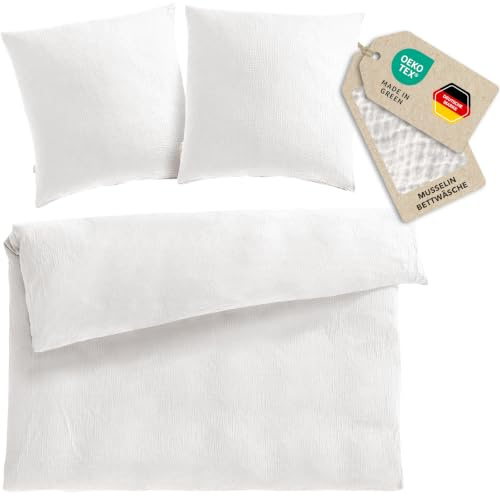 Pure Label Musselin Bettwäsche 200x200+2x80x80 cm - Weiß | Traumhaft weiche, kuschelige Bettwäsche-Sets aus Musselin - 40° Waschbar
