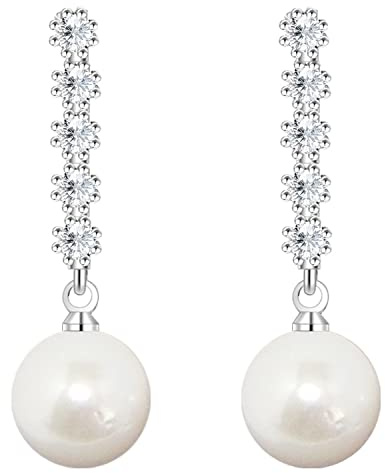 LÖB Damen Ohrstecker 925 Sterling Silber mit Perlen Strass Zirkonia Stein Weiß Ohrringe Tropfen Perlenohrringe Hängend Tropfenform Brautschmuck