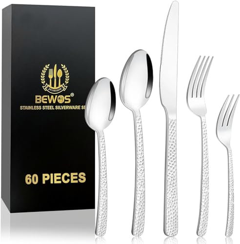 60 Stück Besteck für 12 Personen, BEWOS Edelstahl Besteck Set, Hochglanzpoliertes Küchenhelfer Set, Gabeln, Löffel und Messer, Bestecksets für Haus/Küche/Restaurant/Hotel, 1567B, Spülmaschinenfest