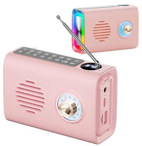 Portable Bluetooth Speaker With Light,Vintage FM Radio With RGB Light, Strong Bass Enhancement,with U Disk/TF Card/Aux Player Function,Solar Powered Wireless Speakers for Home, Office Decor (Rosa)