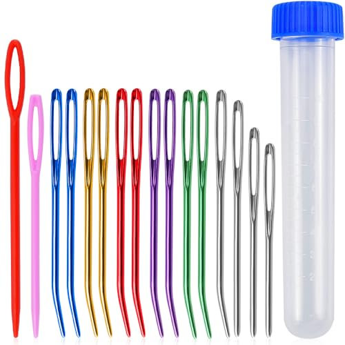 XAVSWRDE Agujas para Coser Lana, Set de Agujas de Ojo Grande y de Punta Roma Incluye 12 Agujas de Punta Doblada de Aluminio 3 Agujas de Acero Inoxidable y 2 Agujas de Plástico para Coser Bordar