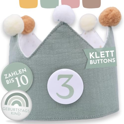 BJORKI Geburtstagskrone Mädchen & Junge aus Musselin – Klett-Buttons mit Zahlen von 1-10 – Wendbare Krone Geburtstag Mädchen, Krone Geburtstag Junge, Kindergeburtstag (Mint)
