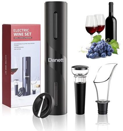 Danett Electric Wine Opener Set - Automatic Corkscrew Opener with Foil Cutter, Pourer, and Vacuum Stoppers - Battery Operated - 4-in-1 Wine Accessories Kit-for Wine Lovers