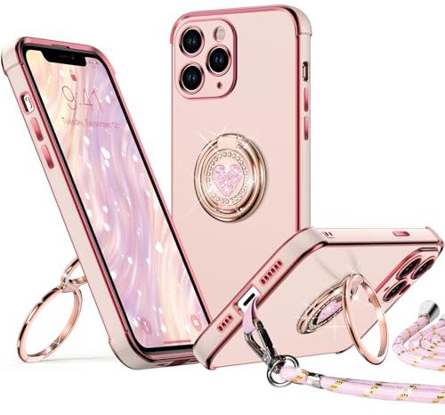XYZ für iPhone 11 Pro Max Hülle mit Band, Rosa | Herzen Doppelring Ständer HandyHülle, Frauen Mädchen Dünn Stoßfeste Case mit Handykette, Anti Kratzt SchutzHülle