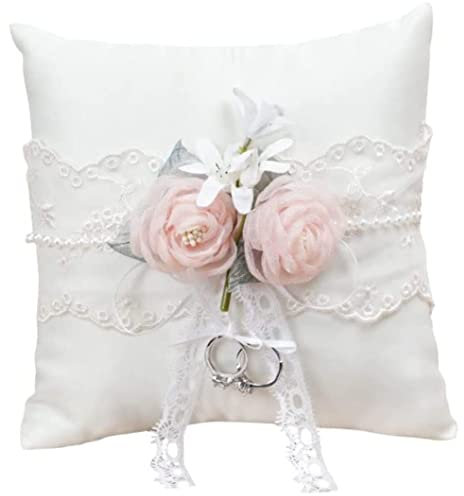 Hintyne Ringkudde för ringbärare, bröllopsringkudde, satin, ringstödskudde, vit ringkudde med spets och blommor, dekorerad för bröllopsmottagningsceremonin 20 x 20 cm