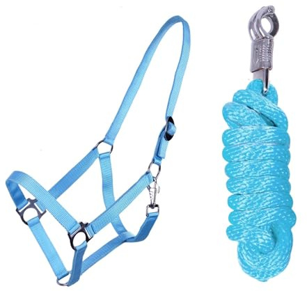 ARBO-INOX Halfter Set Beginner II Halfter + Führstrick mit Panikhaken verstellbar (Full Warmblut, Hellblau)