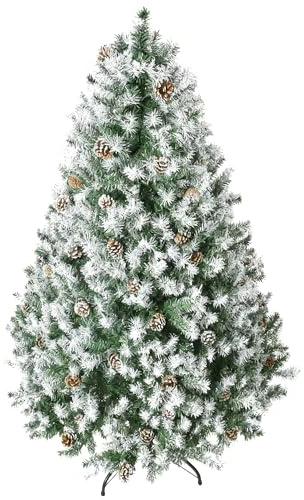 HOMCOM Albero di Natale 180cm con 800 Rami Innevati e Pigne, Albero di Natale Artificiale con Apertura Automatica e Base Pieghevole, Verde