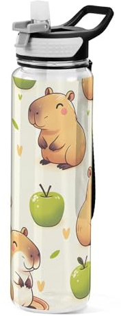 Mnsruu Capybara - Borraccia sportiva con cannuccia, 1 l, senza BPA, in Tritan, trasparente, per bambini, ragazzi, ragazze, adulti, scuola, viaggi