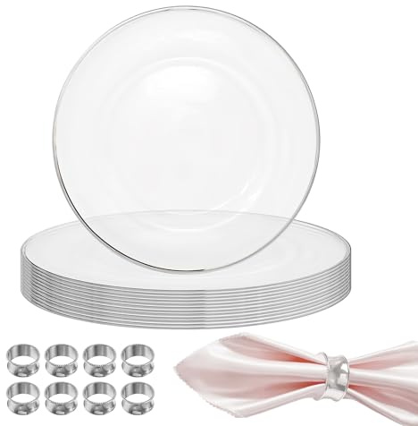 WedDecor 33cm Clear Charger Plates with Silver Trim Design & Hammered Design-Beaded Edge Napkin Rings Holders, Acrylic Round Dinner Plate and Napkin Rings Dinner Set for Table Decor, Set of 24