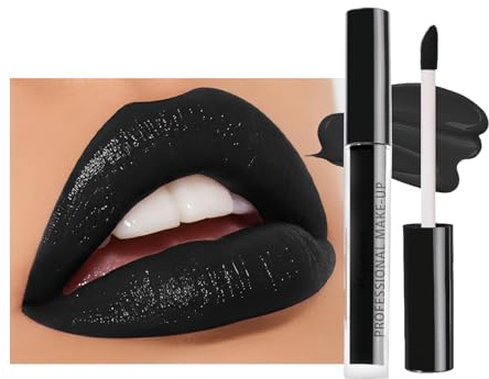 Lápiz Labial Negro, Maquillaje Retro Brillo de Labios de Larga Duración, Negro Pintalabios Mate Líquido Muy Pigmentadas para Fiestas, Máscaras, Halloween