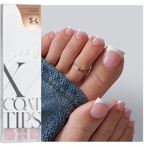 BTArtboxnails XCOATTIPS Toe Nail Tips - Lamp-Curable Sharp Square Pink Press On Toenails for Women, 150 Soak Off French Tip Toe Nail Extensions in 15 Sizes, Builder Gel & Top Coat Required