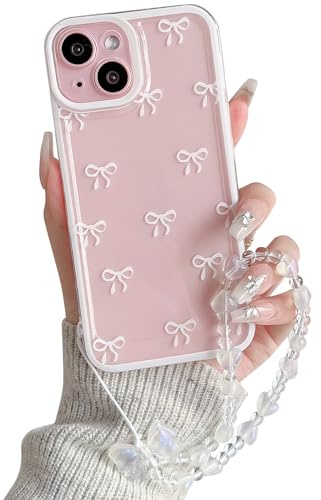 NITITOP for iPhone 15 Plus Case Cute Clear Bow Chain,White | for Women Girls, Aesthetic Bowknot Ribbon Design, with Wrist Strap, Soft TPU Shockproof Cover, Full Camera Protection
