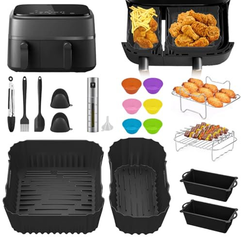 24 Stück Philips Airfryer Zubehör für Philips Airfryer 3000 Dual Basket Serie NA350/00 NA550/00,BPA Frei Heißluftfritteuse Zubehör Set mit 6L/3L Airfryer Silikonform Philips Toast Pan Sprühflasche usw