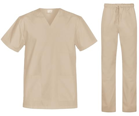 B-well Cesare Ensemble de blouse médicale unisexe casaque à enfiler + pantalon à enfiler Set Médecine Docteur Uniforme veste à enfiler haut avec pantalon Vêtements professionnels médicaux, Crème, M