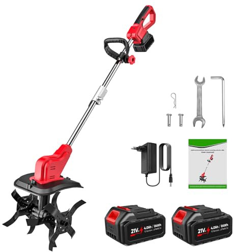 Motobineuse Électrique 550W Profondeur de Travail 22CM Largeur de 30CM avec Poignée Pliable et Roues Réglables 4 Lames,avec Batterie et Chargeur,pour Labourer,Renverser,Creuser des (2 Batteries)