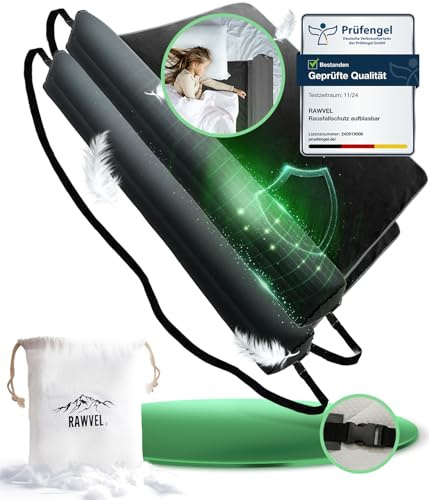 RAWVEL® Rausfallschutz aufblasbar 130cm Premium - [NEU 2025] - passend für alle Betten Zuhause & auf Reisen - Rausfallschutz Bett Reise BPA Frei & Laborgeprüft + Nylongurt (2er Set)